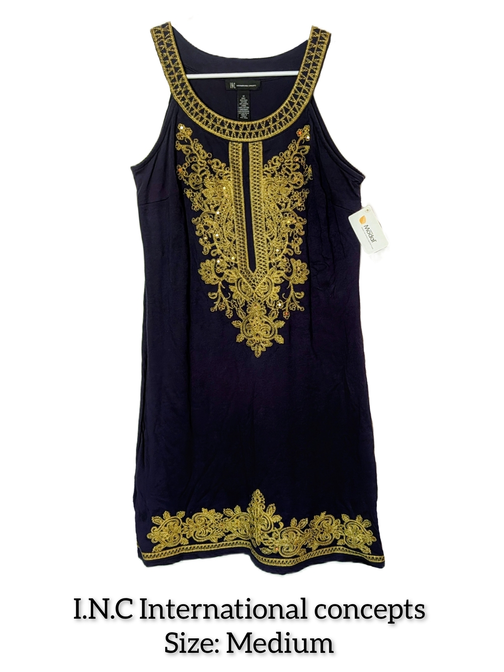 INC International Concepts Navy Dress with Gold Embroidery